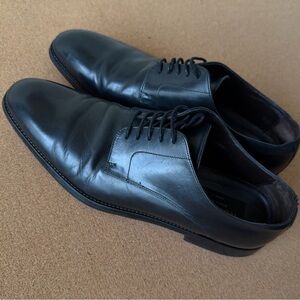 Mens Black Leather Lace Up Derby Dress Shoes Plain Toe 10.5 To Boot NY Italy